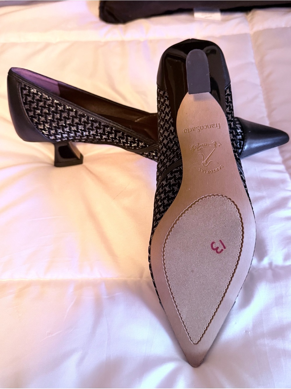 Franco Sarto Black Metallic Tweed Pointed-Toe Velvet Kitten Heels w/Leather Caps - Picture 3 of 3